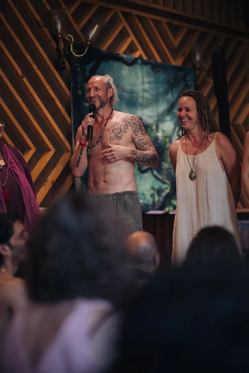 Steve speaking on stage at International Tantra Festival Goa