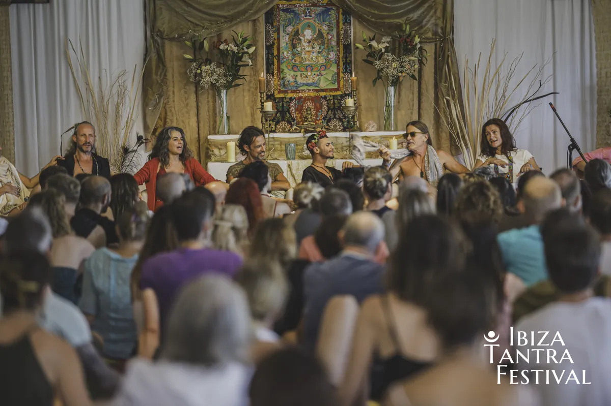 Steve on the teachers' panel facing the audience at Ibiza Tantra Festival