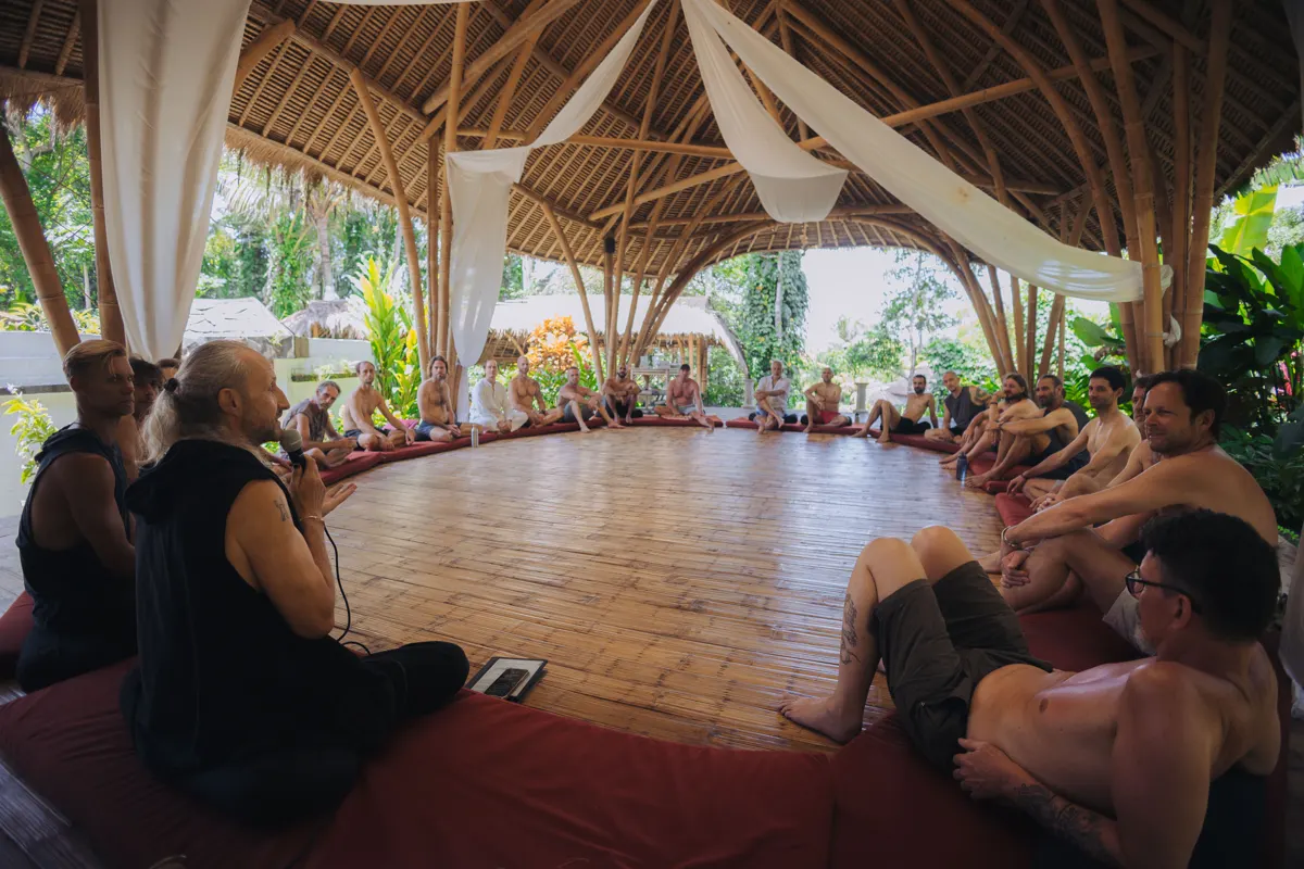 The men in circle in the bamboo temple