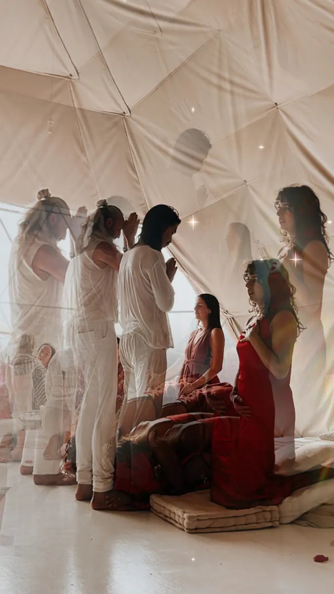 Men in white entering the temple