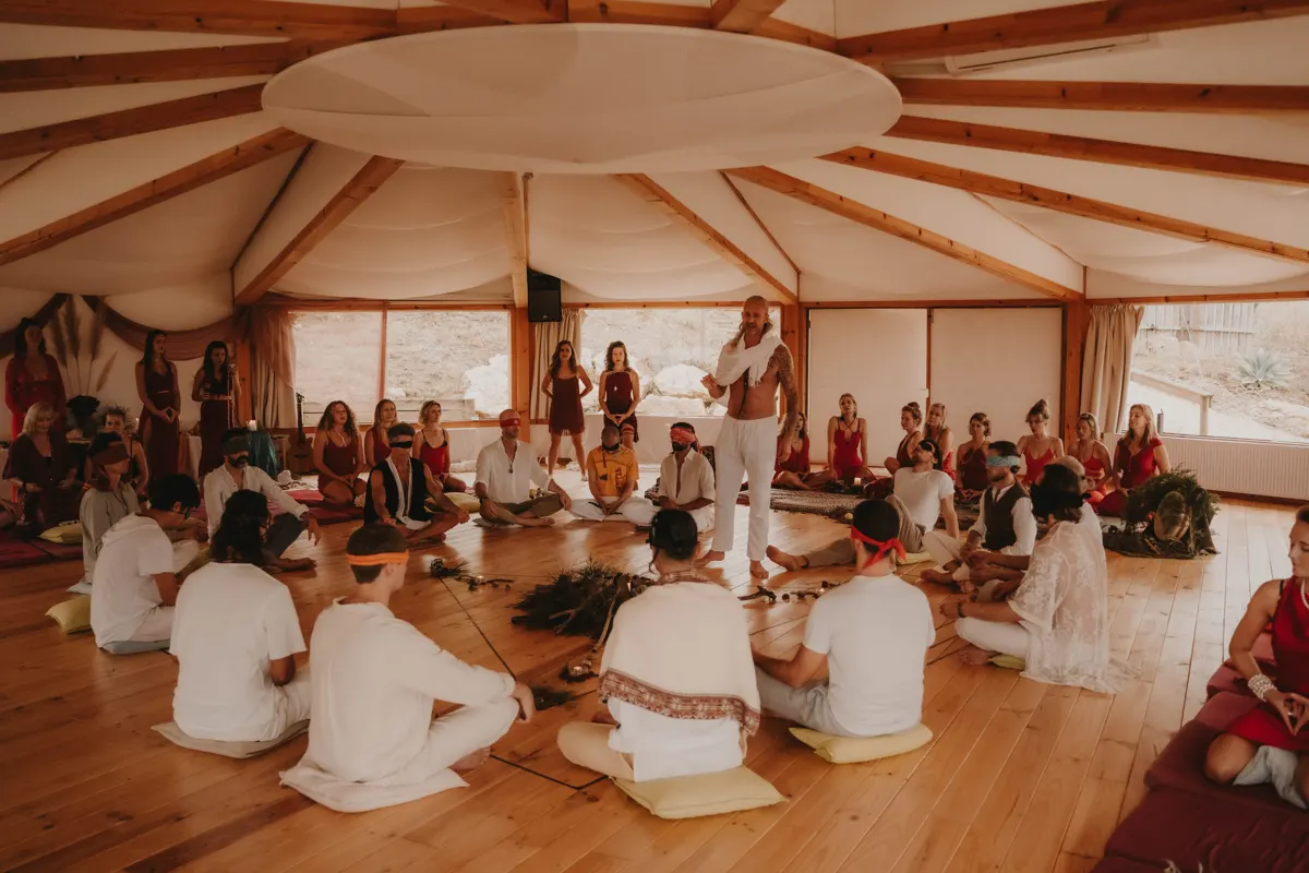 The Sacred Temple: men in white and women in red