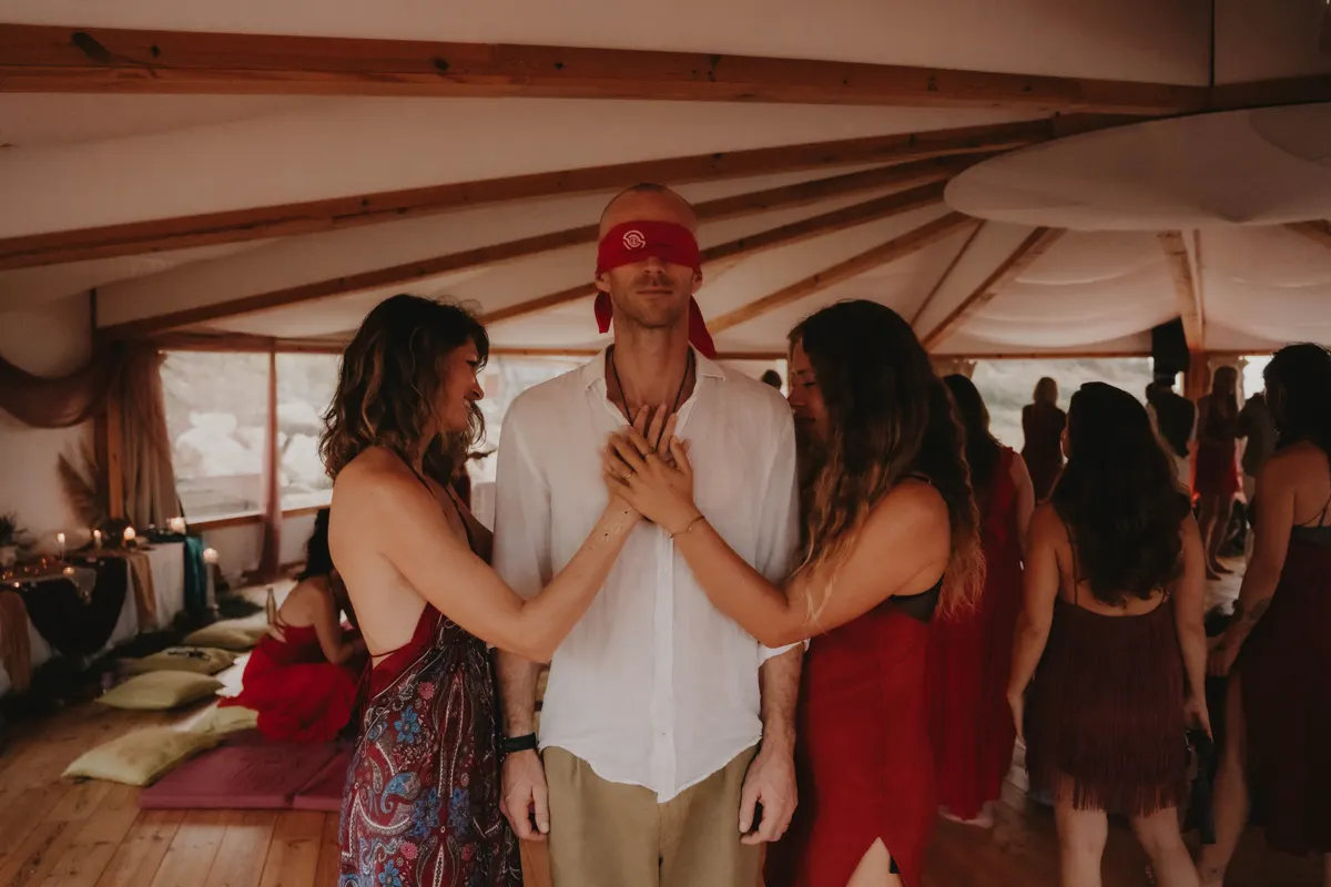 Men and women facing each other in the temple
