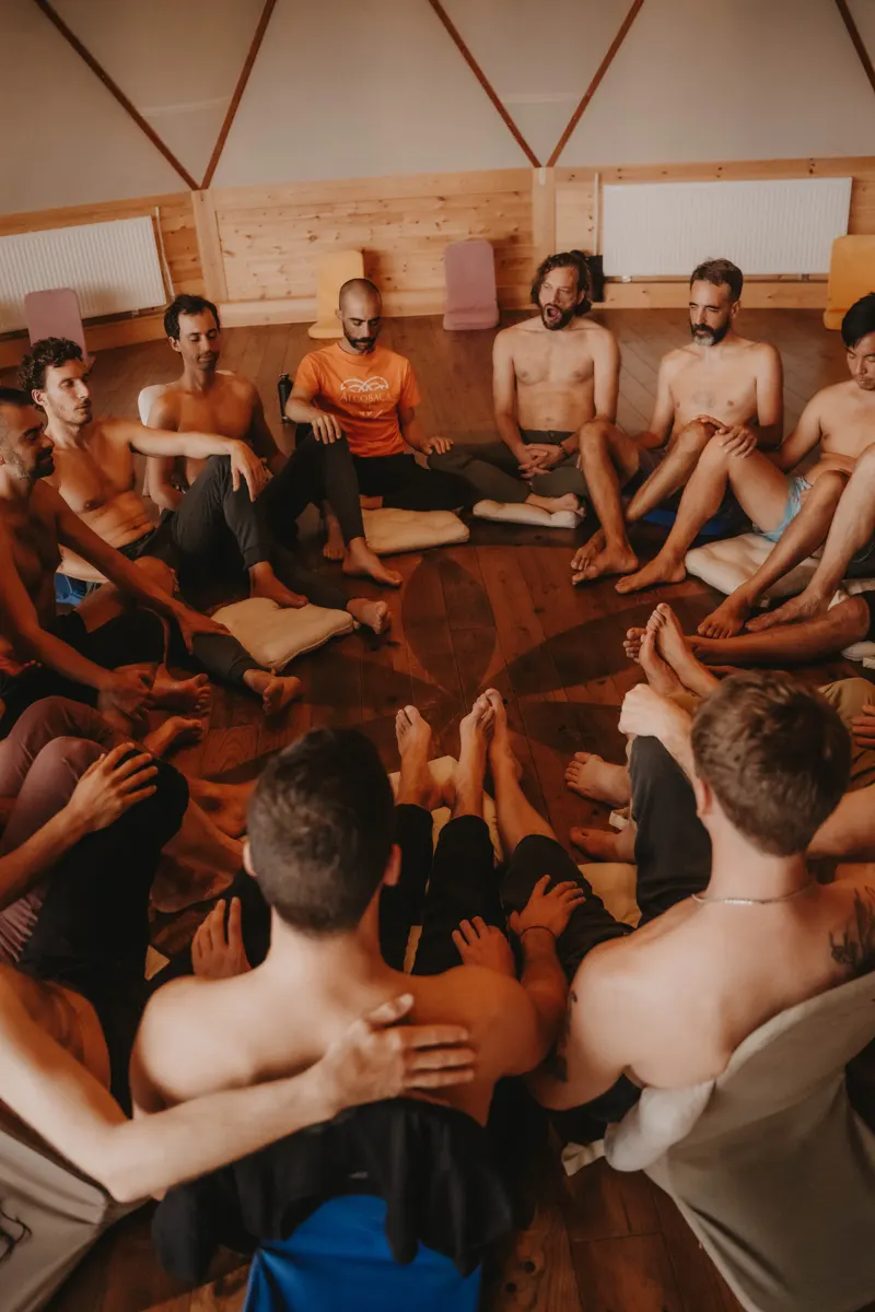 The men in a tight circle