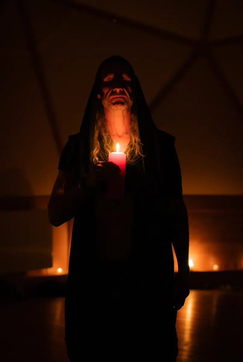 A hooded figure holding a candle