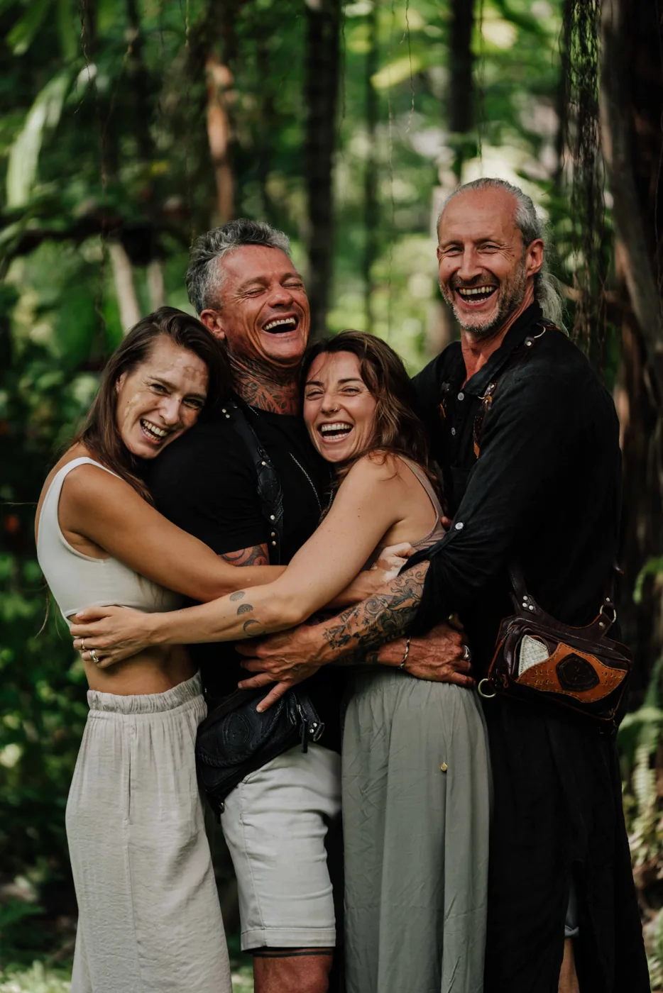 Steve laughing with Amanda Biccum, Arja Hendrikx and Mikkail Handby in the jungle in Bali